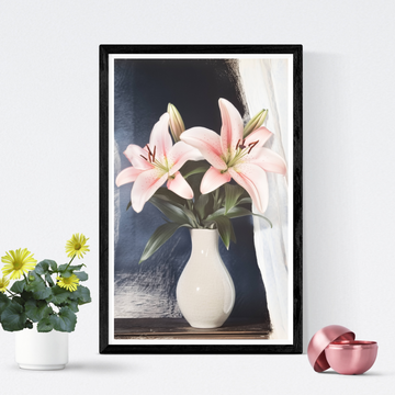 Ethereal Lilies: Sunlit Vase on Wooden Shelf in Misty Amber and Indigo. High Resolution Digital Download 300 DPI