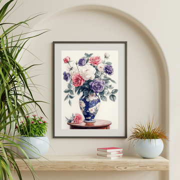 Pastel Romance: Elegant Roses in Purple and White on Vintage Side Table. High Resolution Digital Download 300 DPI