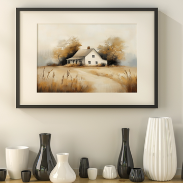 Rustic Autumn Charm: Minimalist Oil Painting of White Farmhouse in Rural Landscape. High Resolution Digital Download 300 DPI