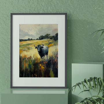 Majestic Black Buffalo: Serene Wildlife in Lush Wildflower Meadow. High Resolution Digital Download 300 DPI