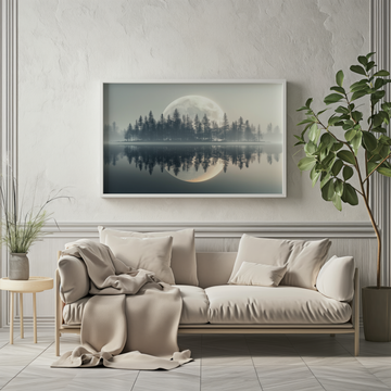 Moonlit Lake Wall Art Pine Trees Mist Reflection Night Tranquil Scene. High Resolution Digital Download 300 DPI.