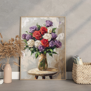Vibrant Floral Impasto: Purple and White Roses on Intimate Side Table. High Resolution Digital Download 300 DPI
