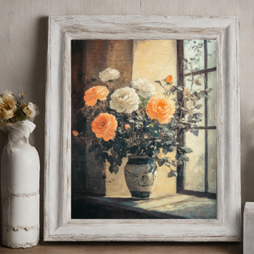 Luminous Floral Harmony: Orange and White Roses Bathed in Natural Window Light. High Resolution Digital Download 300 DPI