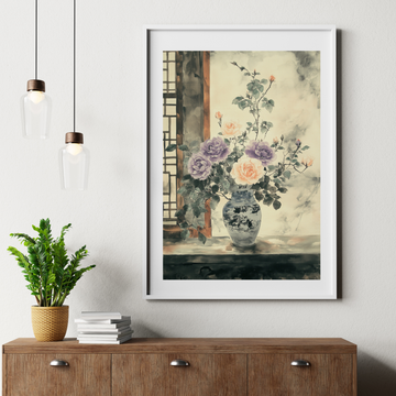Ethereal Roses: East Asian Ink Wash Painting of Purple and Orange Blooms. High Resolution Digital Download 300 DPI
