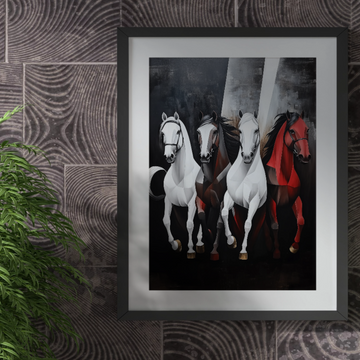Dynamic Gallop: Four White Horses and One Red Horse Against Dark Canvas. High Resolution Digital Download 300 DPI