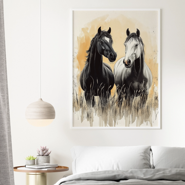 Elegant Simplicity: Minimalistic Black and White Horses in Grassy Field. High Resolution Digital Download 300 DPI