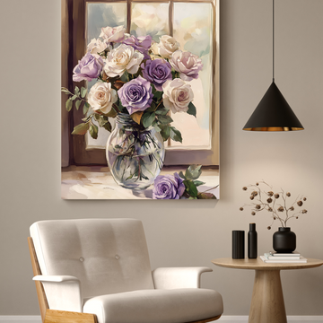 Romantic Floral Elegance: Purple and White Roses Illuminated by Soft Window Light. High Resolution Digital Download 300 DPI