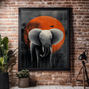 Graceful Elephant in Japanese Landscape: Minimalist Art with Orange Sun and Silhouettes. High Resolution Digital Download 300 DPI
