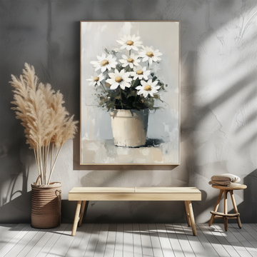 Abstract Daisy Wall Art Beige Pot Neutral Farmhouse Rustic Charm. High Resolution Digital Download 300 DPI.