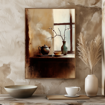 Japanese Desk Tea Set Blossom Wall Art Muted Wet-on-Wet. High Resolution Digital Download 300 DPI.