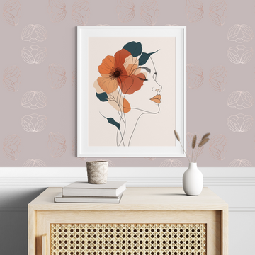 Bohemian Floral Face: Minimalist Line Art with Vibrant Abstract Elements. High Resolution Digital Download 300 DPI