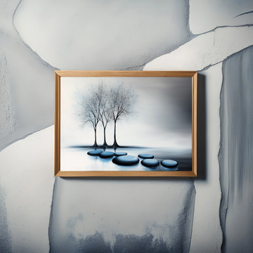 Serene Abstract Landscape: Elegant Trees and Blue Stones in Monochrome Harmony. High Resolution Digital Download 300 DPI