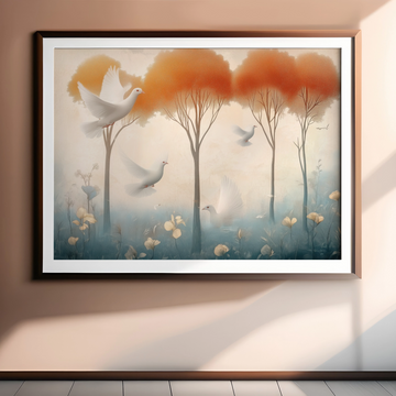 Ancient Serenity: Fresco-Inspired Nature Scene with Doves and Timeless Trees. High Resolution Digital Download 300 DPI