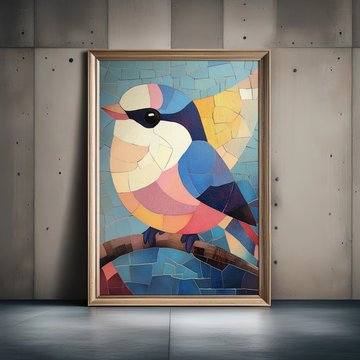 Ethereal Chickadee: Soft Mosaic Art in Delicate Pastel Palette. High Resolution Digital Download 300 DPI
