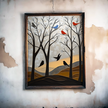 Winter's Silhouette: Bare Trees and Birds Against Misty Mountain Backdrop. High Resolution Digital Download 300 DPI
