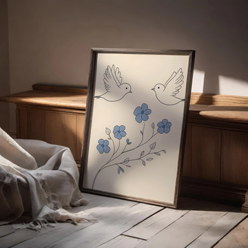Elegant Flight: Minimalist Blue Birds and Flowers on Soft Beige Canvas. High Resolution Digital Download 300 DPI