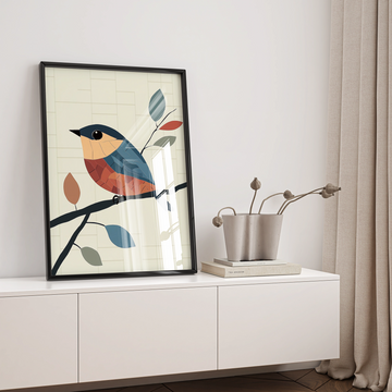 Vibrant Elegance: Colorful Bird Perched on Branch with Striking Gray and Red Leaves. High Resolution Digital Download 300 DPI