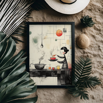 Culinary Fusion: Young Chef Amidst Retro Geometric Kitchen Vibes. High Resolution Digital Download 300 DPI