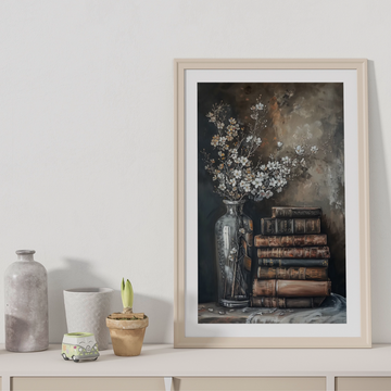 Vintage Rustic Books and Blooms: Cozy Farmhouse Spring Art Print. High Resolution Digital Download 300 DPI