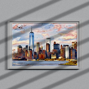 Vibrant Urban Oasis: Modern Cityscape Wall Art with Serene Ferry Scene. High Resolution Digital Download 300 DPI.