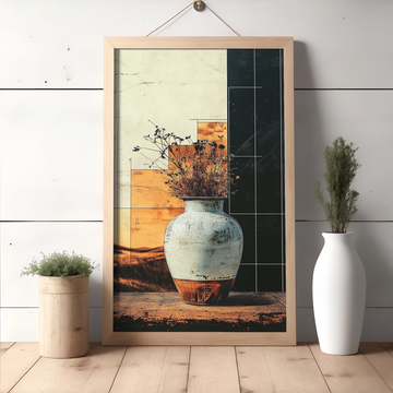 Charming Vintage Ceramic Vase with Dried Flowers Against a Sunset Landscape. High Resolution Digital Download 300 DPI