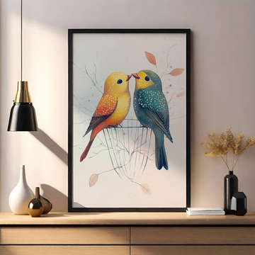 Charming Aviary: Colorful Birds on Wire Cage with Pastel Leaves and Branches. High Resolution Digital Download 300 DPI