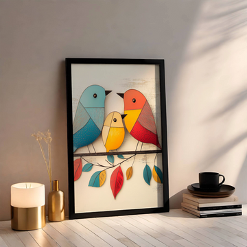 Vintage Charm: 3D Metal Birds on Wire with Colorful Leaves Wall Art. High Resolution Digital Download 300 DPI