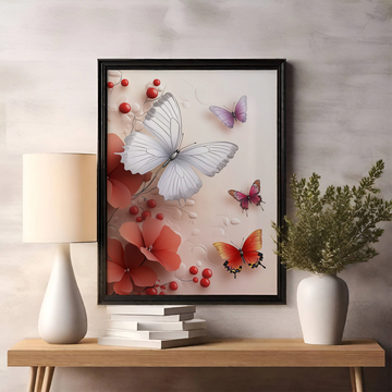 Fluttering Elegance: Vibrant Butterflies Dance Among Soft Red Blooms. High Resolution Digital Download 300 DPI