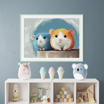Charming Hamster Duo: Teal Circle Minimalist Pet Portrait Wall Art. High Resolution Digital Download 300 DPI.