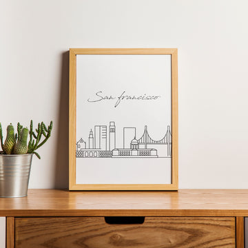 Iconic San Francisco Skyline: Minimalist Black and White Line Art Print. High Resolution Digital Download 300 DPI.