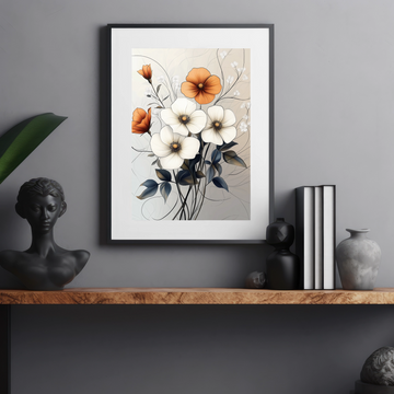 Vintage Botanical Elegance: White and Orange Floral Art for Timeless Decor. High Resolution Digital Download 300 DPI