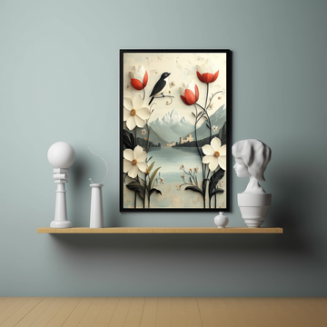Majestic Black Bird: Serene Perch Amidst Floral Mountain Lake Landscape. High Resolution Digital Download 300 DPI