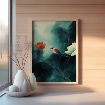 Crimson Serenity: Minimalist Red Bird in Emerald Misty Forest. High Resolution Digital Download 300 DPI