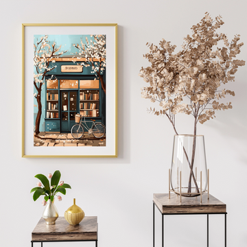 Enchanting Bookstore Bliss: Cozy Literary Haven Amidst Cherry Blossoms Wall Art. High Resolution Digital Download 300 DPI.