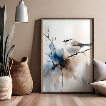 Serene Sparrow: Watercolor Bird Perched Gracefully on a Tranquil Branch. High Resolution Digital Download 300 DPI