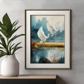 Golden Fields, Azure Skies: Egrets Soar Over Serene Coastal Landscape. High Resolution Digital Download 300 DPI