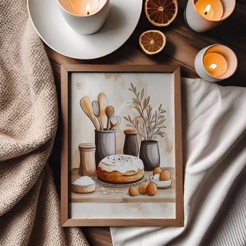 Whimsical Baking Bliss: Watercolor Kitchen Scene with Freshly Baked Cake. High Resolution Digital Download 300 DPI