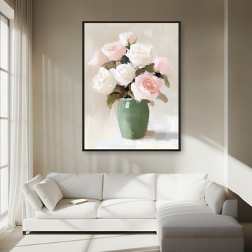 Pastel Pink White Roses Oil Painting Green Vase Minimalist Art. High Resolution Digital Download 300 DPI.