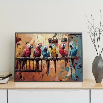 Colorful Parrots Wildlife Park Oil Painting – Vibrant Tropical Wall Art. High Resolution Digital Download 300 DPI.