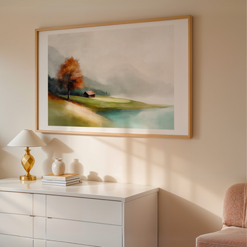 Serene Golf Course Landscape Wall Art with Lake and Autumn Tree. High Resolution Digital Download 300 DPI.