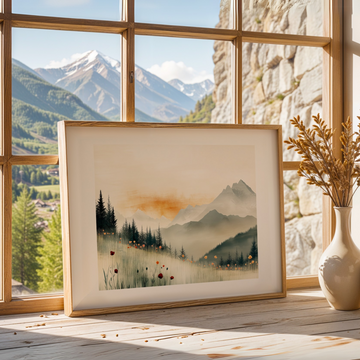 Mountain Landscape Wall Art Green Meadow Poppies Red Sunset. High Resolution Digital Download 300 DPI.