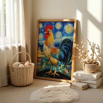 Starry Night Rooster Oil Painting - French Village Wall Art. High Resolution Digital Download 300 DPI.