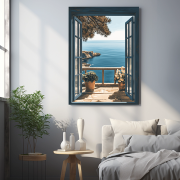 Coastal Serenity: Blue Balcony Sea View Cliff Landscape Wall Art. High Resolution Digital Download 300 DPI.