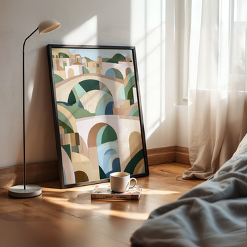 Geometric Wooden Wall Art of Old City in Pastel Tones. High Resolution Digital Download 300 DPI.