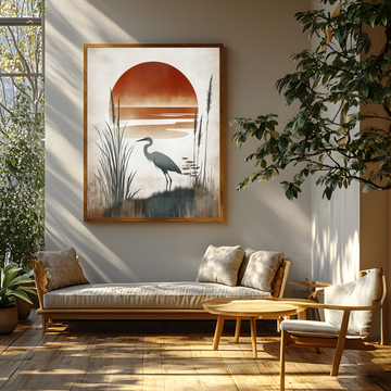 Minimalist Heron Shore Illustration: Organic Abstract Nature Wall Art Print. High Resolution Digital Download 300 DPI.