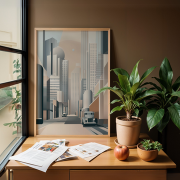 Art Deco Cityscape Wall Art: Geometric Buildings & Vintage Cars Print. High Resolution Digital Download 300 DPI.