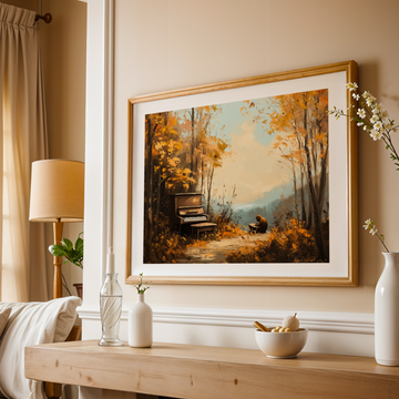 Cute Monkey Piano Wall Art Woods Oil Painting Whimsical Nature Scene. High Resolution Digital Download 300 DPI.