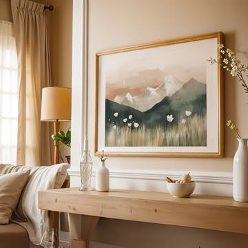 Magical Mountain Landscape Wall Art Green Meadow Poppies Evening Stars. High Resolution Digital Download 300 DPI.