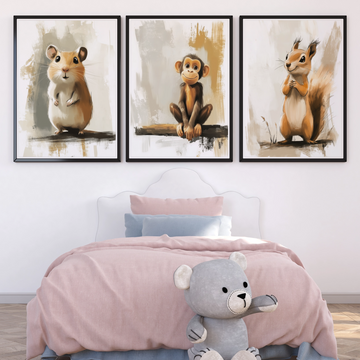 Whimsical Woodland Trio: Squirrel, Monkey, Hamster Cartoon Wall Art Print. High Resolution Digital Download 300 DPI.