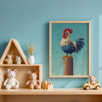 Pixelated Cartoon Rooster Wall Art - Blue Rustic Farmhouse Decor. High Resolution Digital Download 300 DPI.